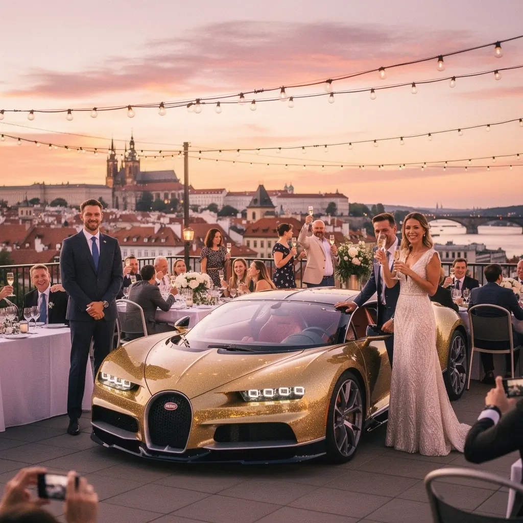 Sportovní auto ve stylovém designu na pozadí historické budovy.