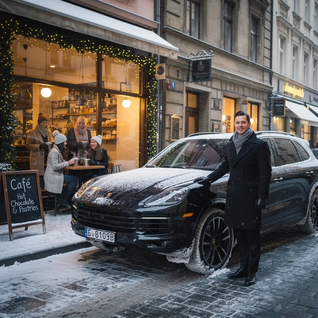 Zákazník si vybírá mezi různými modely automobilů v luxusní půjčovně.