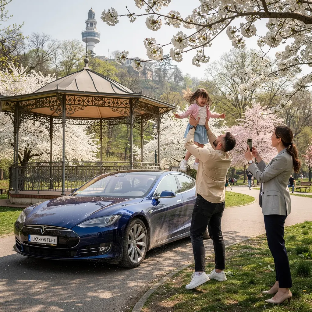 Vůz s panoramatickou střechou na malebné silnici vedoucí krajinou.